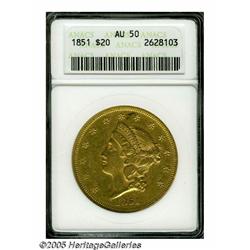 1851 $20 AU50 ANACS. A pleasing greenish-gold exa
