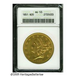 1851 $20 AU53 ANACS. An early Liberty Twenty that