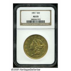 1851 $20 AU55 NGC. Bright surfaces that retain so