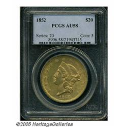 1852 $20 AU58 PCGS. Breen-7152. The date is boldl