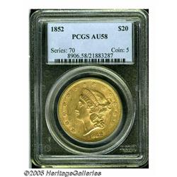 1852 $20 AU58 PCGS. Breen-7152. The date is boldl