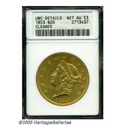 1853 $20 --Cleaned--ANACS. UNC Details, Net AU53.