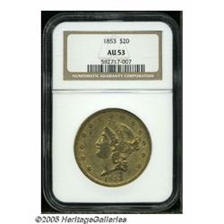 1853 $20 AU53 NGC. Sharply struck with some of th