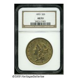 1853 $20 AU53 NGC. Sharply struck with some of th