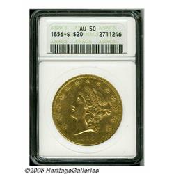 1856-S $20 AU50 ANACS. Well struck, with substant