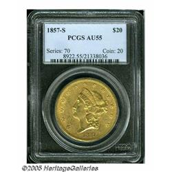 1857-S $20 AU55 PCGS. Both sides are draped in de