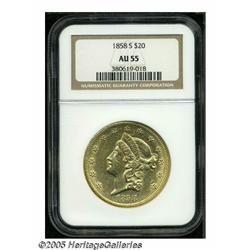 1858-S $20 AU55 NGC. This rare date issue was not