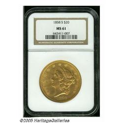 1858-S $20 MS61 NGC. Fully lustrous and mostly br