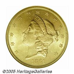 1861 $20 MS62 NGC. Pale olive-gold iridescence on
