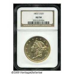 1863-S $20 AU58 NGC. The 1863-S is a moderately s