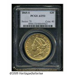 1865-S $20 AU53 PCGS. Rather extensively bagmarke