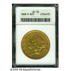 1868-S $20 AU50 ANACS. Lovely peach and green-gol