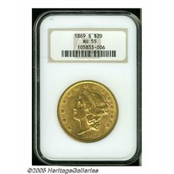 1869-S $20 AU55 NGC. The bright cartwheel luster 