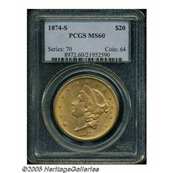 1874-S $20 MS60 PCGS. Fully lustrous with rich re