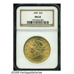 1899 $20 MS64 NGC. Boldly struck with gleaming, m
