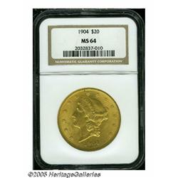 1904 $20 MS64 NGC. Sharply struck and satiny, wit