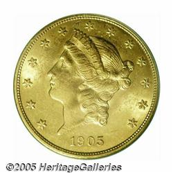 1905 $20 MS62 PCGS. Brilliant and lustrous. A han