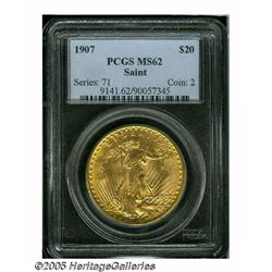 1907 $20 Arabic Numerals MS62 PCGS. Well struck f