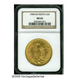 1908 $20 No Motto MS65 NGC. Well struck and fully