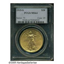 1915-S $20 MS64 PCGS. Well struck with bright lus