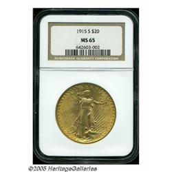 1915-S $20 MS65 NGC. Boldly struck, lustrous, and