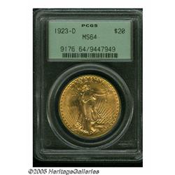 1923-D $20 MS64 PCGS. Fully struck with the outst