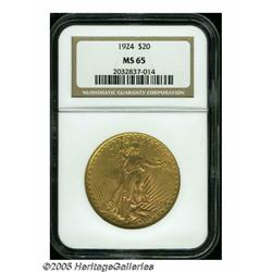 1924 $20 MS65 NGC. Well struck with satin luster,