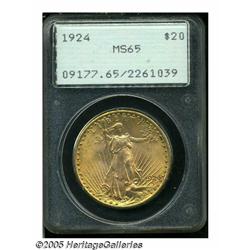 1924 $20 MS65 PCGS. The original peach color is a