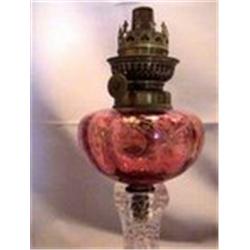 EN-PEG LAMP, CRANBERRY CUT FLOWERS, 6" 1920? CIRCA