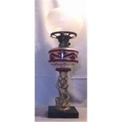 LADY WITH URN, STAINED, FONT, FLORAL SHADE 20 1/2"S, 1895 CIRCA 