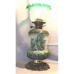 WOMAN & MAN DECAL LAMP - GREEN, 25 1/2"CH,1895 CIRCA