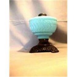 BLUE MILK GLASS SUNSET LAMP, 8"C, 1890 CIRCA