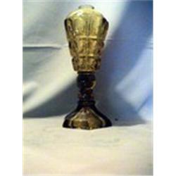 AMBER THREE PRINTIE BLOCK-WHALE OIL LAMP 11 3/4"-NC, 1860 CIRCA 