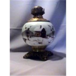 PAINTED CABIN SCENE LAMP 11 1/2"-B, 1890 CIRCA