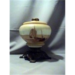 PAINTED SAILING SCENE - BROWN LAMP, 9 1/4"C, 1880 CIRCA