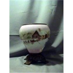 PAINTED CABIN SCENE PINK LAMP BASE, 9"R, 1880 CIRCA 