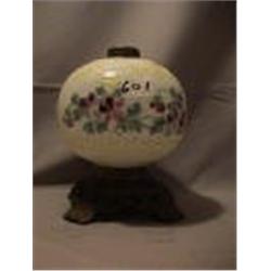 MILK GLASS LAMP, FLOWERS -NEW PAINT, 8 3/4"C, 1895 CIRCA 