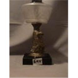 BOY, DOG & GUN FIGURE LAMP, 12 1/2"B, 1870 CIRCA