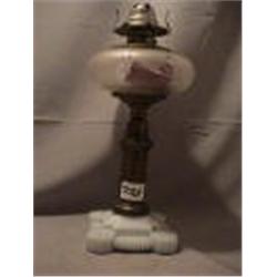 MILK GLASS/BRASS STEM LAMP, (SM CHIP ON MILK GLASS) 14"B 1870 CIRCA 