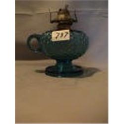 BLUE CENTRAL BEADED PANEL LAMP, FINGER, 6 3/4"B, 1890 CIRCA 