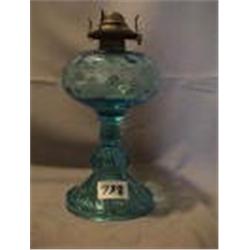 BLUE INVERTED THUMBPRINT & FAN BASE LAMP, 10 1/4"B, 1890 CIRCA 