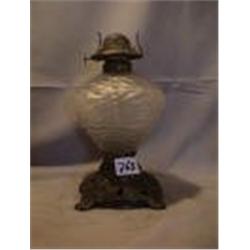 BEAD & DRAPE LAMP, WHITE SATIN, BRASS SPLIT, 9 1/2" B, 1890 CIRCA 