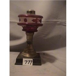 CRANBERRY STAIN FONT LAMP, BRASS BENT, 8 1/2"C, 1870 CIRCA 