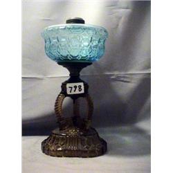 BLUE & AMBER CATHEDRAL LAMP, 12 1/2"C, 1880-1890 CIRCA 