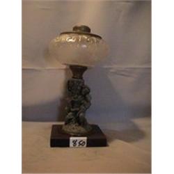 LADY & CHILD FIGURE GRAPE HARVEST LAMP, 11 1/2"C, 1870 CIRCA