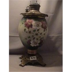 LARGE GREEN -RED & WHITE COSMOS LAMP, 161/2"F, 1890 CIRCA 