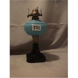BLACK BASE, BLUE ALABASTER GLASS FONT LAMP, 10"B, 1890 CIRCA 