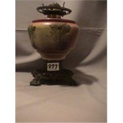 RUST & YELLOW SCENE LAMP, 10 1/4"B, 1890 CIRCA 