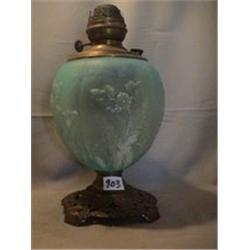 BLUE SATIN POPPY LAMP, 15 1/4" F, 1890 CIRCA 