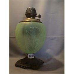 GREEN SATIN POPPY LAMP, 15 1/4"F, 1890 CIRCA 